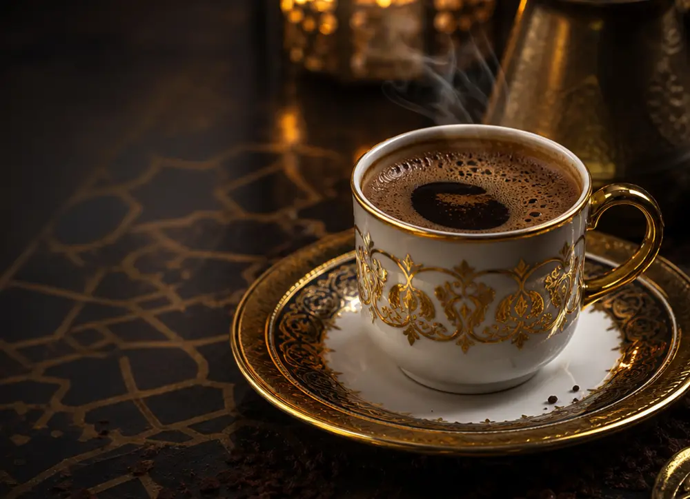 Ambiente místico con café turco, luz dorada y elementos tradicionales