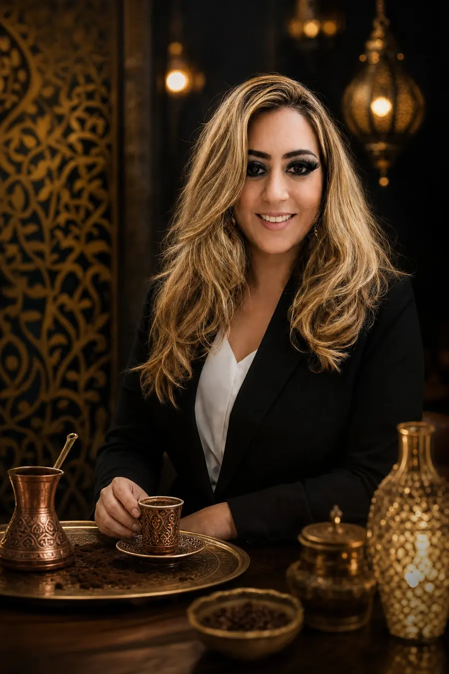 Luz Falomir sentada con una taza de café turco en un ambiente dorado y elegante