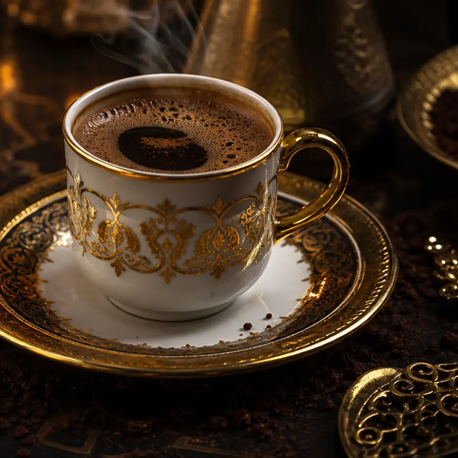 Interior de una taza de café turco con figuras naturales de café para interpretación simbólica